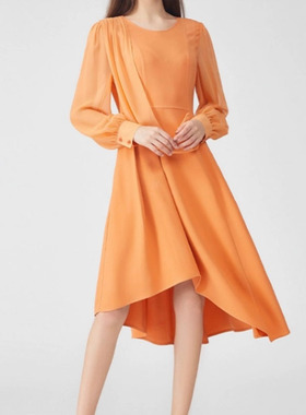 真丝60姆米重磅长空圆领橙色纯色百搭大摆拼接桑蚕丝连衣裙