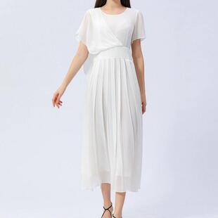真丝乔其纱圆领不对称飞飞短袖褶皱大摆纯白文艺桑蚕丝连衣裙