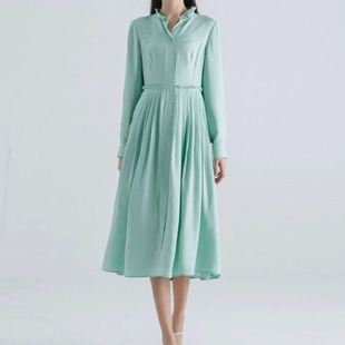 20姆米暗纹提花桑蚕丝花边点缀V领收腰青绿中长款孤品连衣裙