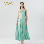 40姆米双面缎重磅厚实桑蚕丝靓丽光泽单排扣无袖 简约青绿连衣裙