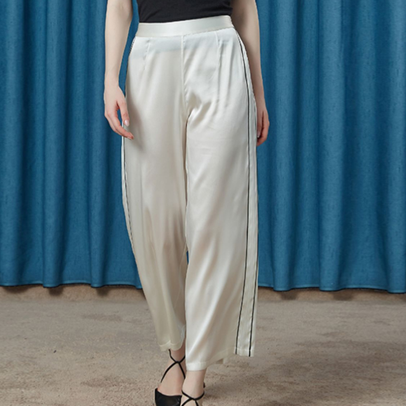 经典白色19姆米缎面桑蚕丝阔腿裤