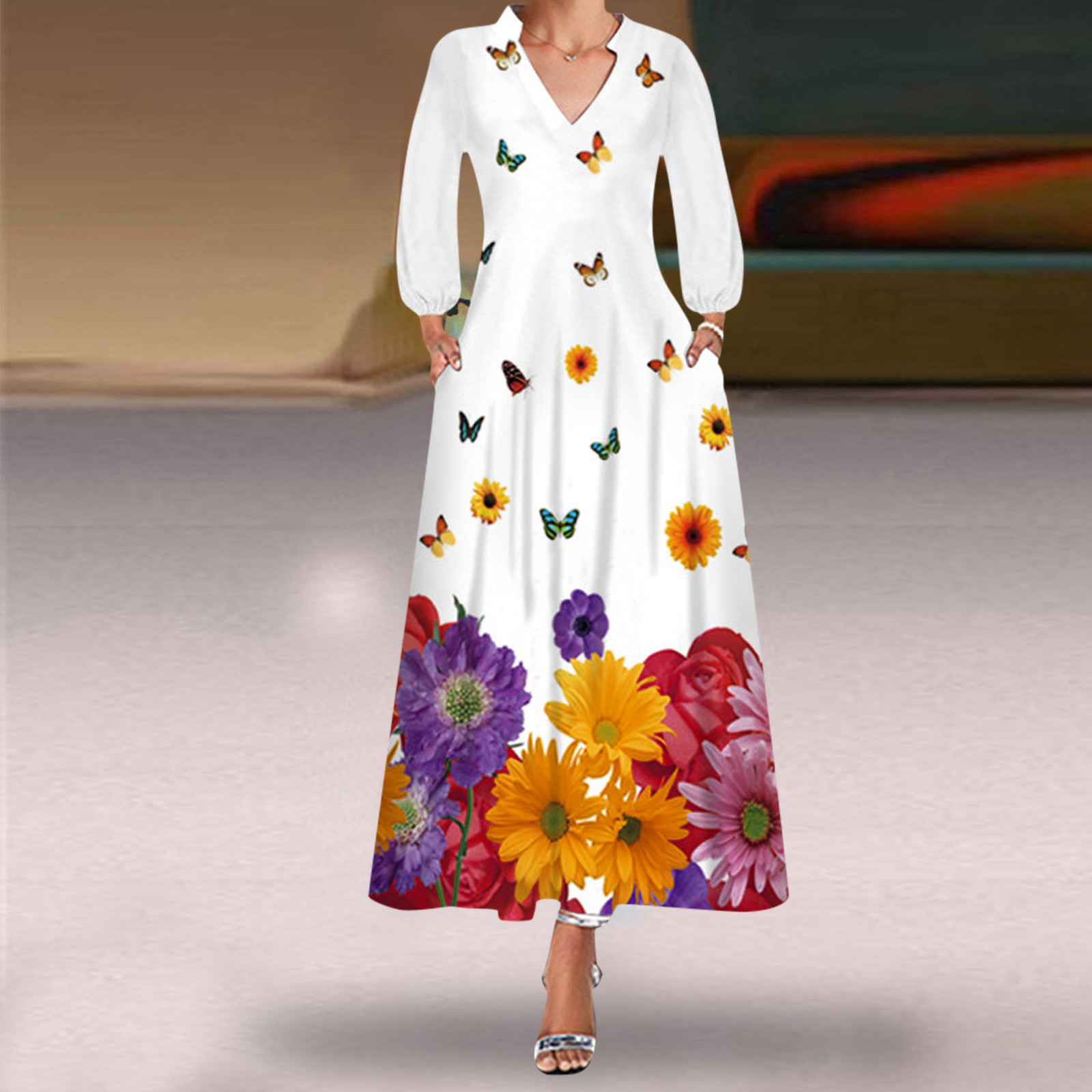 性感小V领长袖印花连衣裙