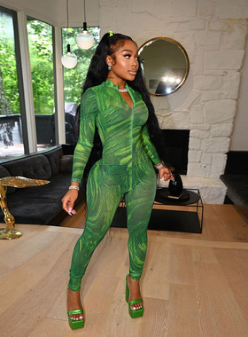 Fashion Print High Waist Long Sleeve Hip Lift Sports Jumpsui