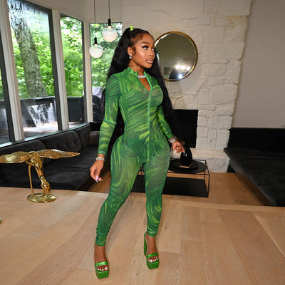 时尚印花高腰长袖提臀运动连体裤