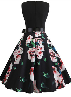 V-Neck Printed Sleeveless Swing DressV领印花无袖大摆连衣裙女