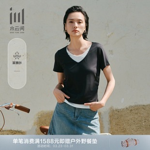 T恤上衣夏新款 天丝透气短袖 V领假两件拼接修身 水云间女装