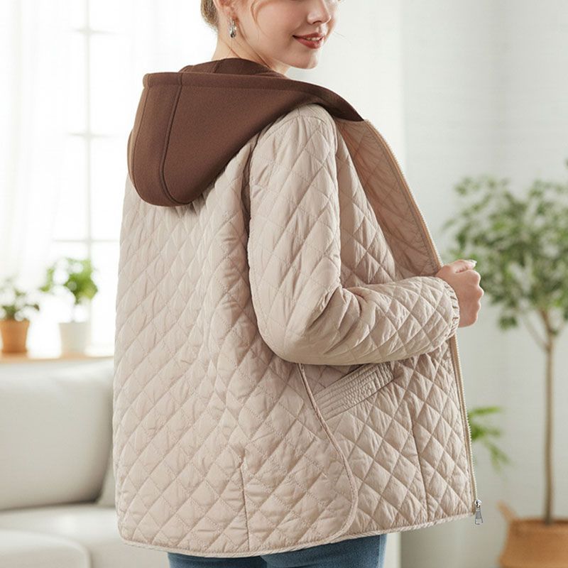 【90-220斤】大码轻薄棉服女中年妈妈款时尚撞色连帽菱格款棉衣女