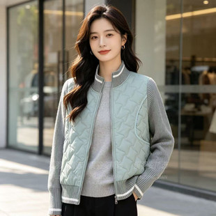 韩版时尚复古立领针织拼接棉服外套女士秋冬气质修身显瘦百搭棉衣