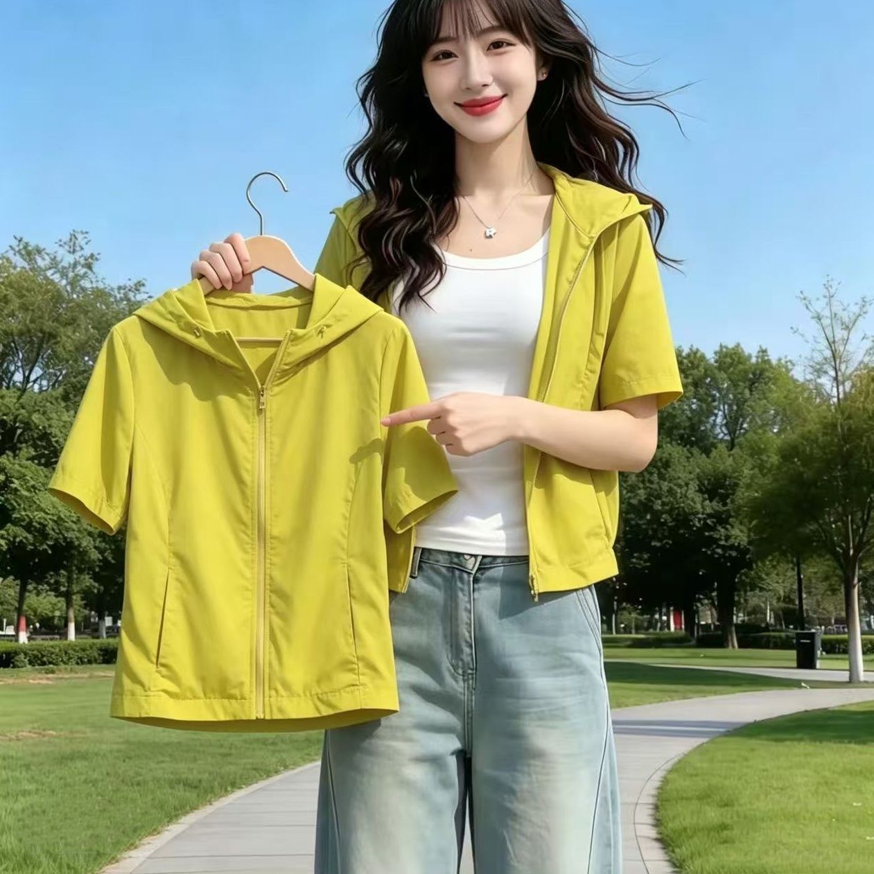 2026夏季新款韩版时尚宽松连帽女短款轻薄透气百搭减龄短袖外套潮