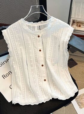 高级感镂空棉麻白色衬衫女夏季2025新款洋气减龄法式小衫无袖上衣