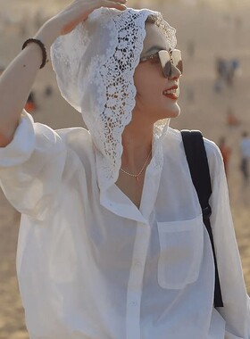 洋气高端别致衬衣2025新款秋季蕾丝镂空连帽设计感衬衫防晒薄外套