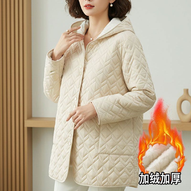 【90-220斤】棉服女2025秋冬新款大码加绒棉衣连帽菱格百搭棉袄女