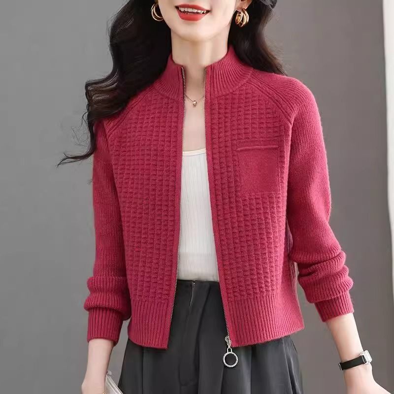 小个子短款立领针织外套女2026新款春秋宽松外搭高腰毛衣开衫上衣