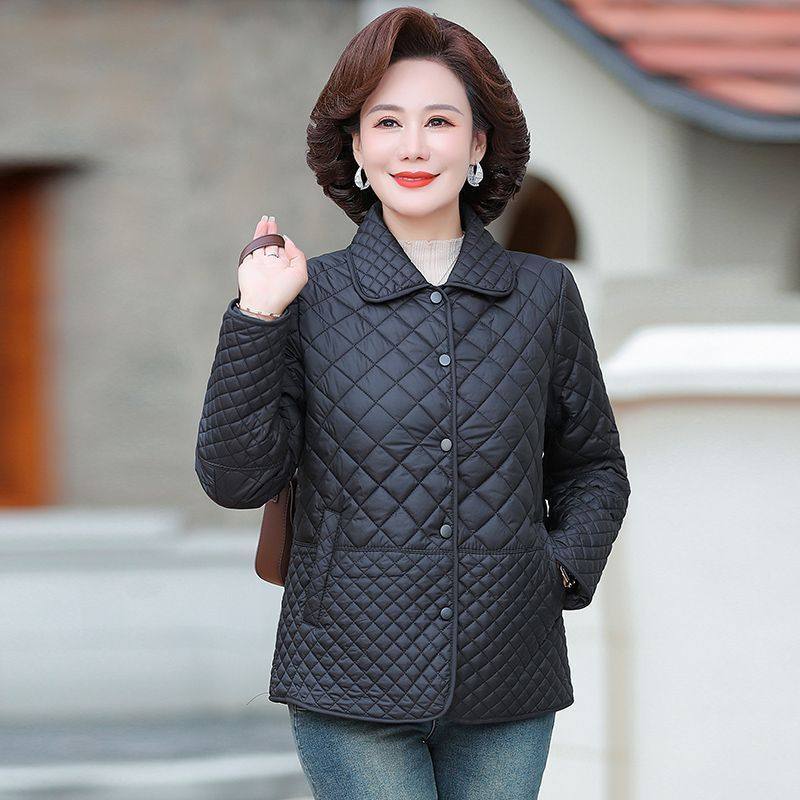 冬季2025新款菱形格子夹棉轻薄棉衣女贵夫人短款宽松妈妈棉服棉袄