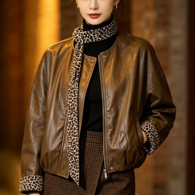 皮衣外套女短款2026秋装豹纹复古机车风立领皮夹克小个子外套女