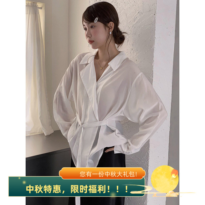 法式气质绑带白色长袖女设计感V领绑带收腰衬衫女秋天丝长袖衬衣
