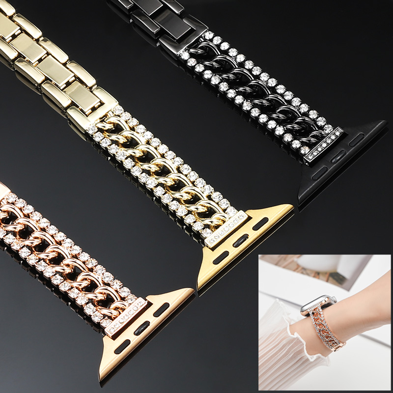 适用iwatch10苹果S9手表applewatch8表带女S7小蛮腰S10镶钻金属钢带细款手链SE女iphone小号表链智能ultra夏