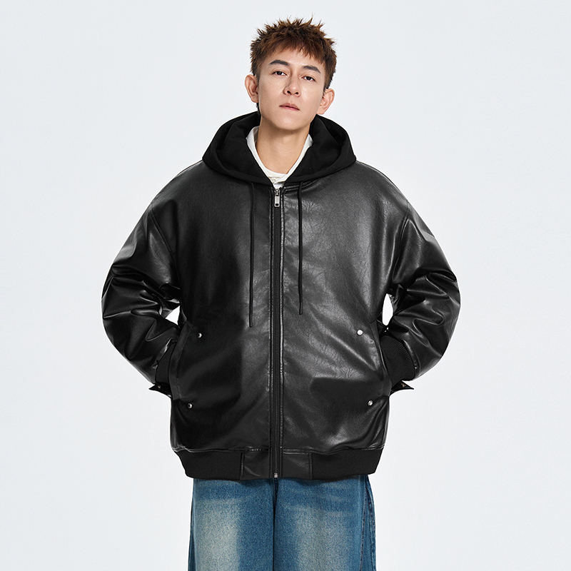 秋冬款连帽垂感皮棉服加厚纯色简约潮流美式防风抗皱夹克