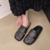 复古休闲时尚 女生懒人一脚蹬户外通勤软底舒适半凉拖 百搭半包拖鞋