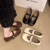 法式 孕妇软皮小香风方头女2025春夏一字扣浅口粗跟舒适通勤单鞋 女