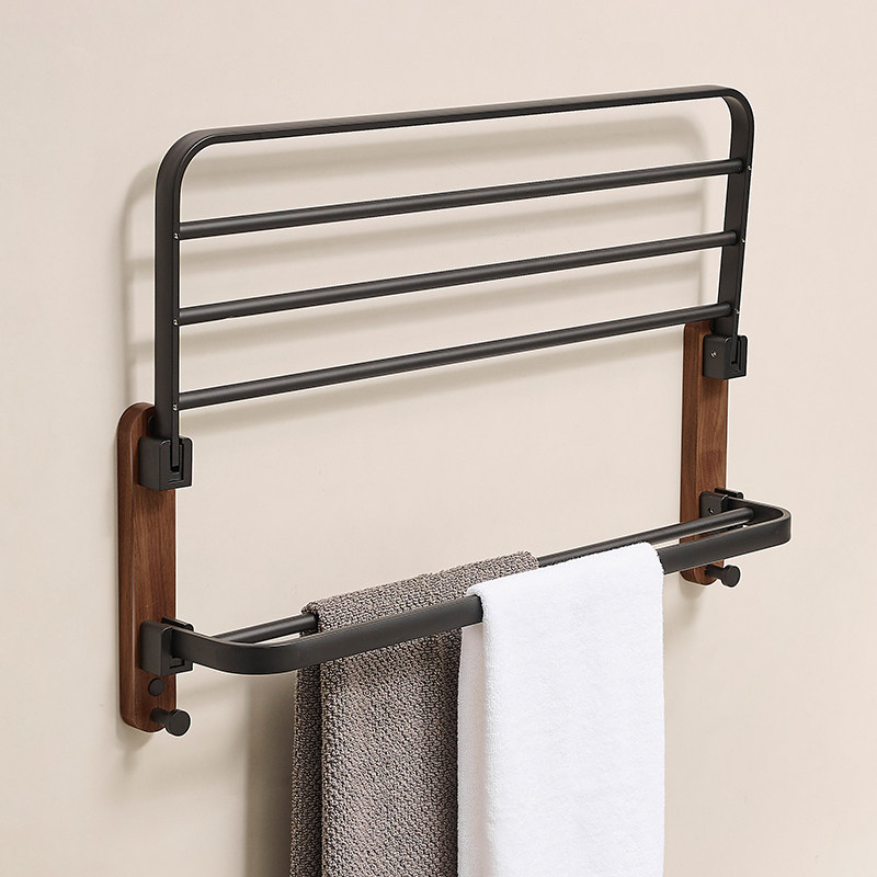 胡桃木高端卫生间毛巾架免打孔浴室架子置物架卫浴厕所浴巾架一体