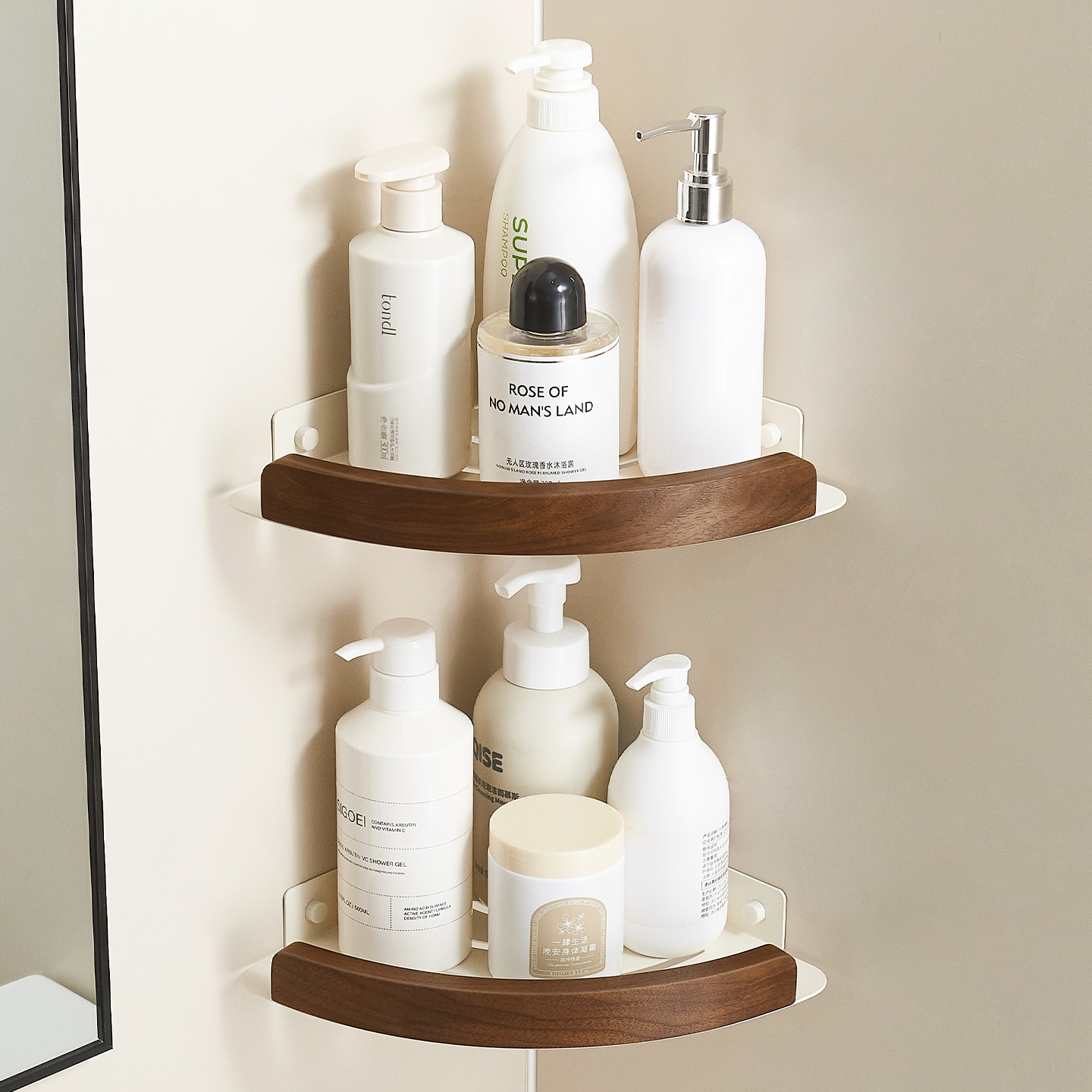 胡桃木浴室免打孔转角置物架