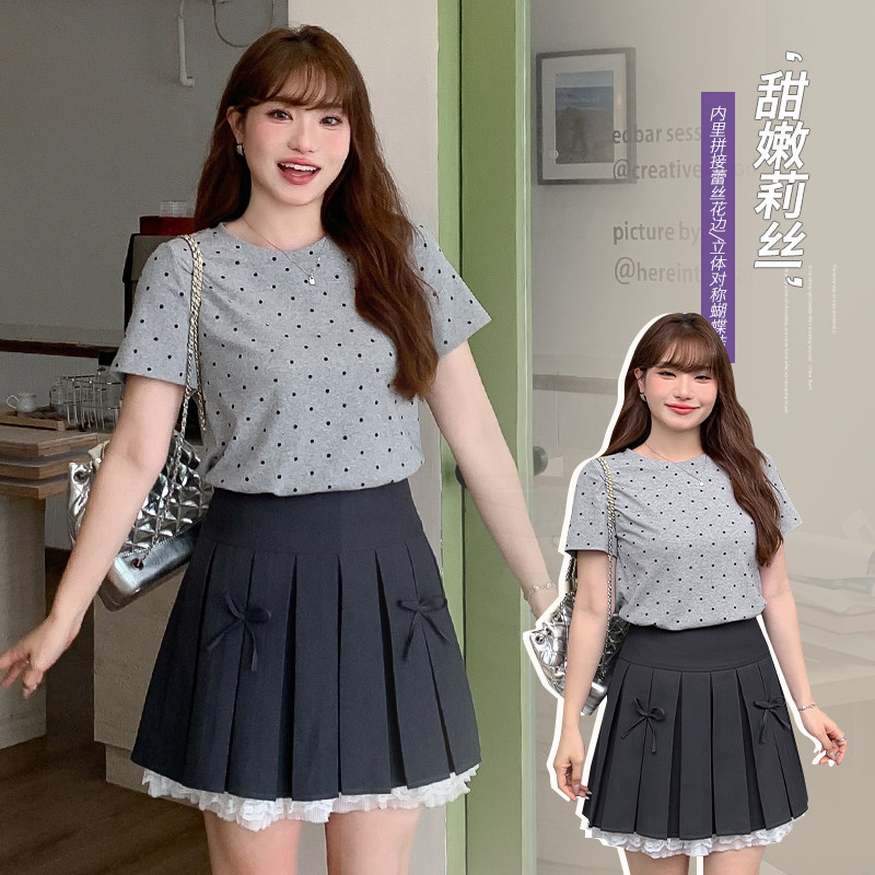 纯欲风蕾丝拼接蓬蓬a字半身裙女夏季大码胖mm蝴蝶结百褶裙子63372
