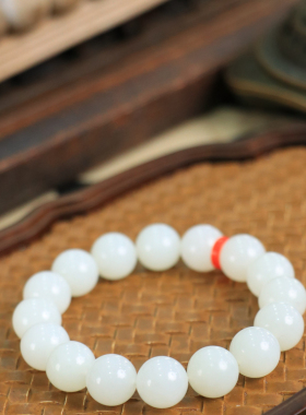 天然新疆和田玉羊脂级白玉12.9mm手串手链古风男女手饰收藏礼品