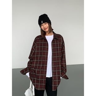 衬衫 ousph 新款 秋冬季 女宽松高级设计感复古休闲上衣 红色格子长袖