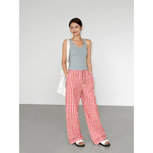 ousph 松弛感复古高腰休闲格子裤女松紧腰设计抽绳阔腿直筒长裤