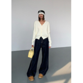 ousph 女高级设计感直筒宽松阔腿高腰长裤 现货6折 深蓝色牛仔裤