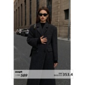 黑色高级感中长款 ousph 现货6折 毛呢外套女双排扣羊毛呢子大衣