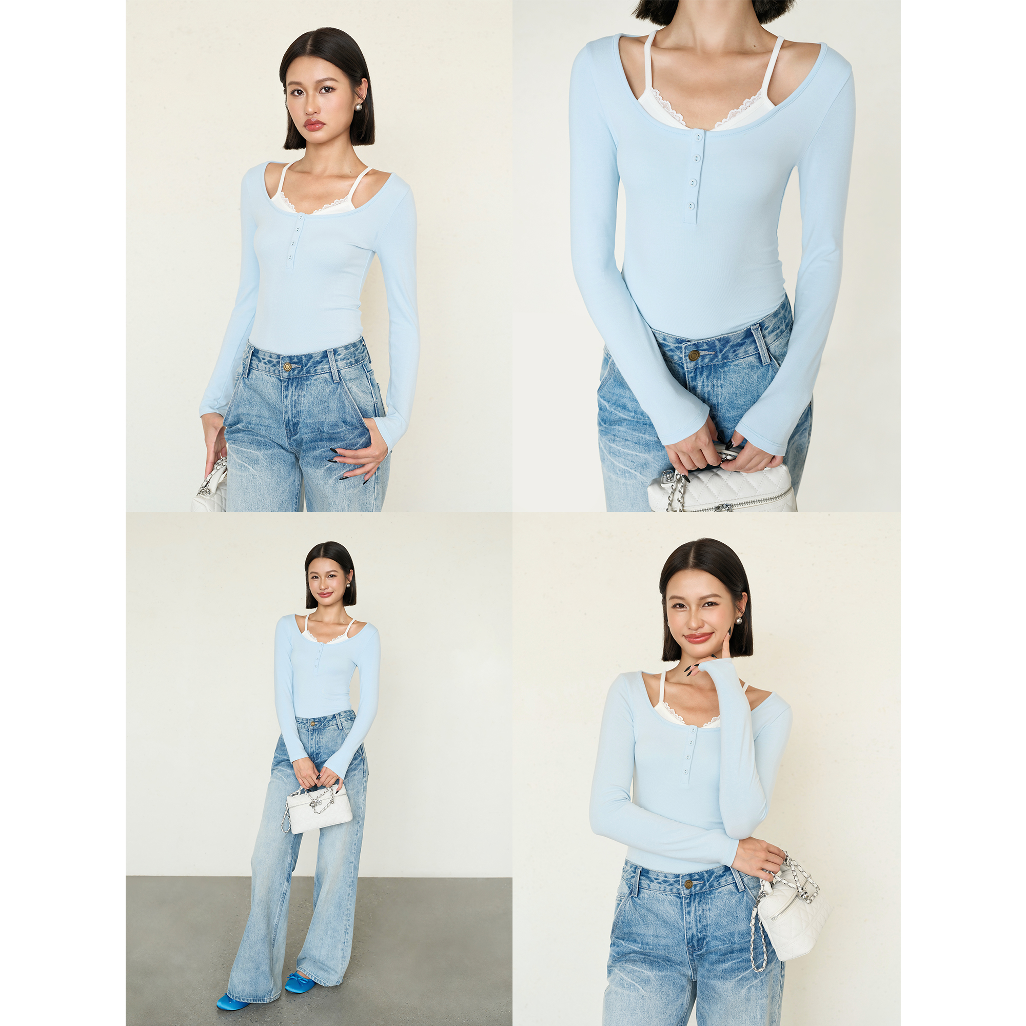 ousph 奶蓝云朵 蕾丝拼接假两件长袖T恤女U领修身显瘦打底衫上衣