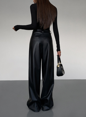 ousph【现货6折】黑色高腰机动车PU皮阔腿裤女气质宽松西装休闲裤