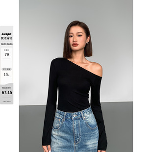 ousph针织长袖 气质黑色打底内搭上衣 斜肩t恤女秋冬新款 设计感修身