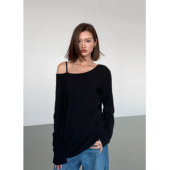 现货7折 露肩长袖 针织衫 ousph 女打底秋秋季 t恤宽松米白上衣