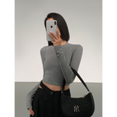 针织打底衫 女秋季 新款 ousph黑色圆领长袖 内搭百搭短款 T恤外穿上衣