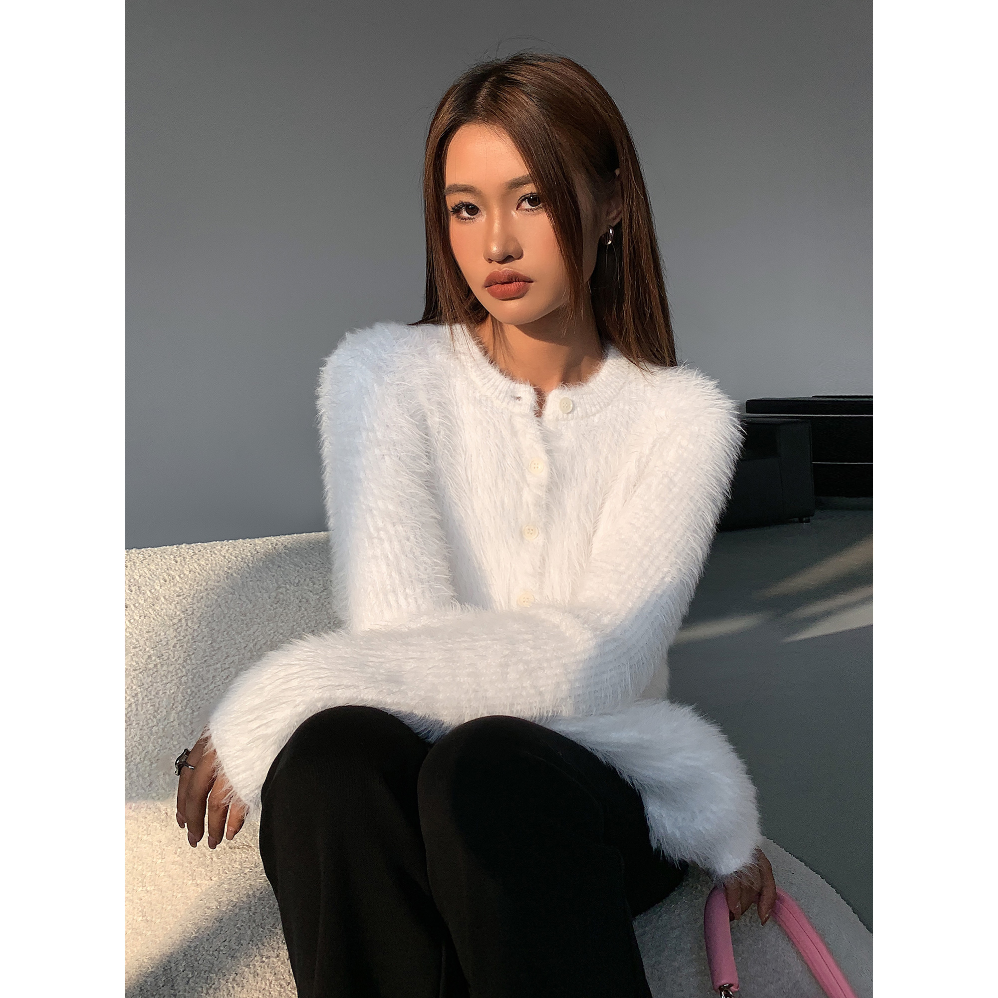 圆领开衫毛绒绒针织仿皮草