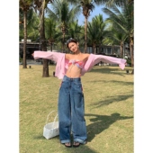 现货7折 蓝色直筒牛仔裤 女低腰美式 ousph 高街宽松阔腿休闲长裤