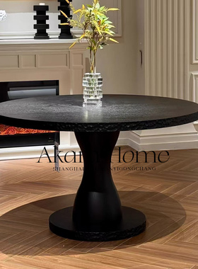 中古风圆形实木餐桌侘寂风黑色锤纹设计师轻奢小户型现代简约饭桌