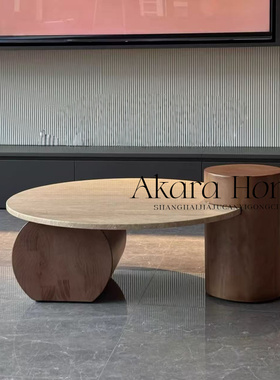 法式中古圆形茶几轻奢设计师天然洞石圆茶几诧寂风小户型客厅家用