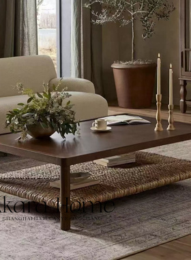 法式中古双层藤编长方形茶几客厅复古侘寂风茶台小桌子高级感矮桌