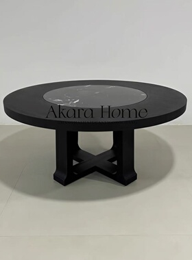 现代简约圆形实木餐桌家用客厅黑色大理石台面创意设计轻奢大餐台