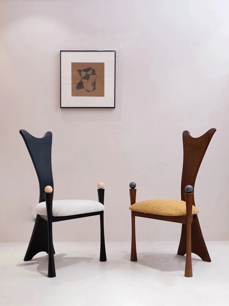 中古复古实木餐椅设计师高级感圆球休闲椅法式现代创意靠背椅子