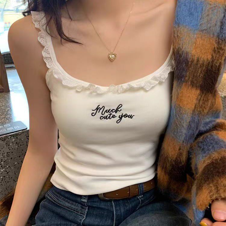 荷叶边设计感小众吊带背心带胸垫蕾丝纯欲风内搭打底无袖上衣女士