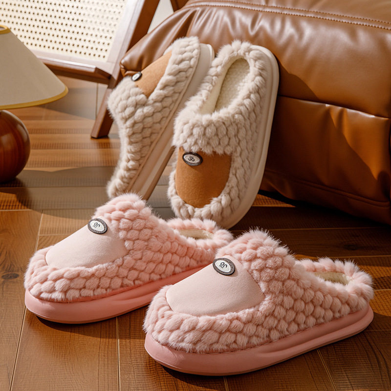 厂家直销新款居家棉拖鞋秋冬厚底舒适棉拖拼接设计加绒保暖毛毛拖