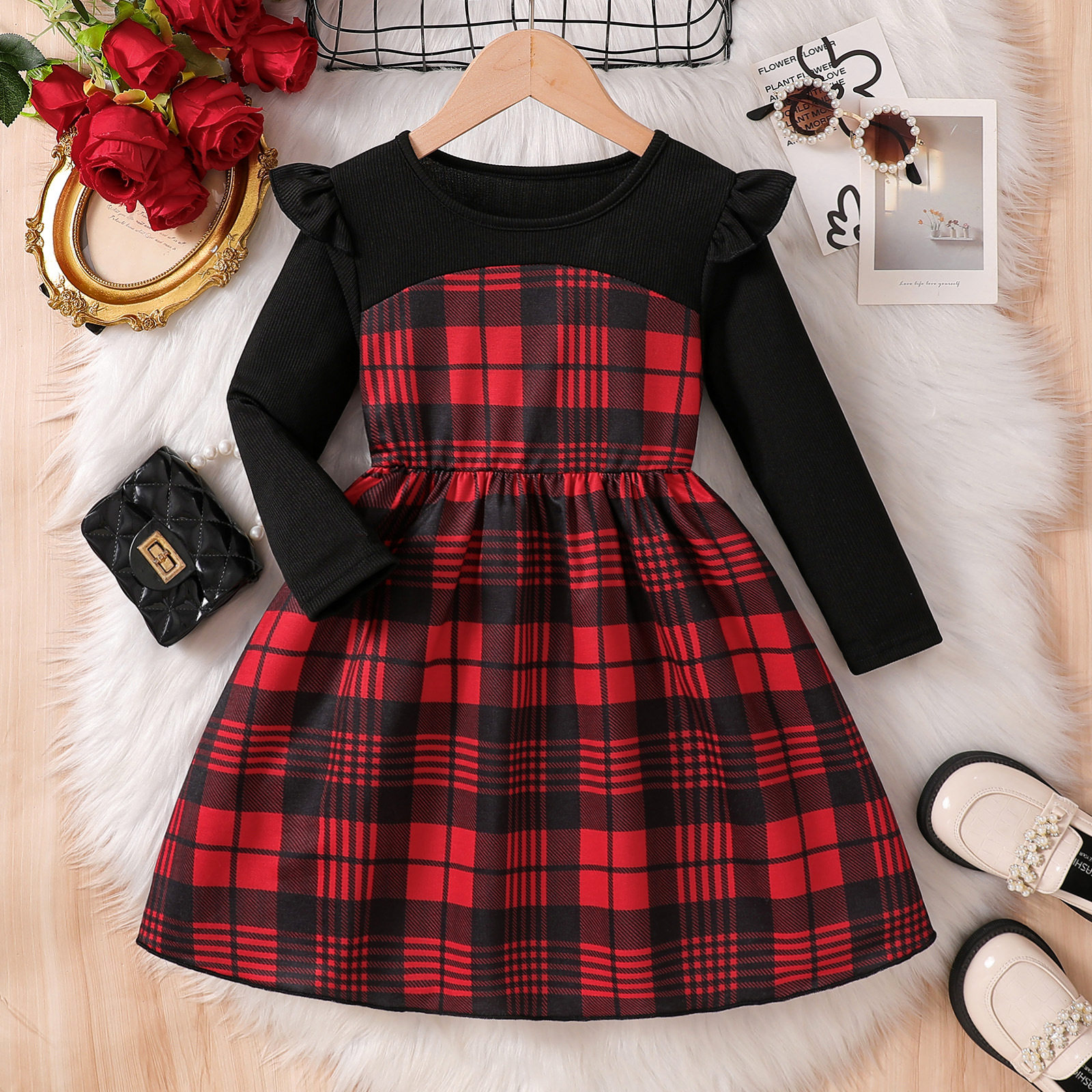 女童红色拜年服2025新款冬季女孩格子连衣裙儿童过年裙子冬装