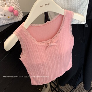 BM风甜美蕾丝吊带宽肩背心女夏季甜辣无袖内搭打底带胸垫短款上衣