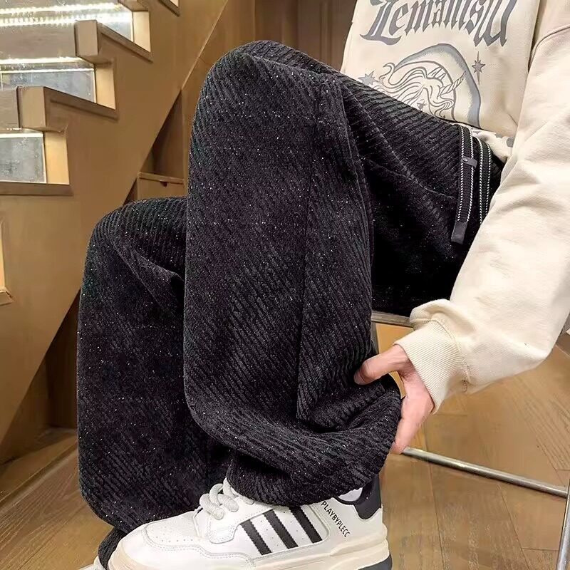 跨境秋冬慵懒风斜条纹阔腿休闲裤男潮牌宽松显瘦垂感拖地直筒长裤