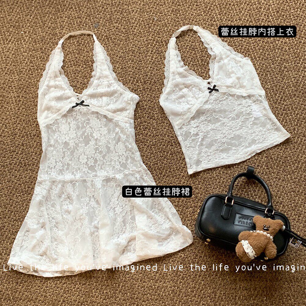 内搭叠穿神器白色蕾丝背心甜辣性感挂脖裙薄透修身打底连衣裙短裙